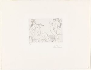  "Gresk fløytespiller og danserinne" by Pablo Picasso, a monochromatic etching depicting an abstract figure playing a flute on the left and another figure dancing on the right, both stylized with simple lines on cream-colored paper.