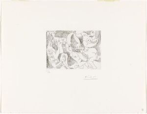  A monochromatic etching on paper by Pablo Picasso titled "Fløytespillende faun og bakkantinner," depicting an abstract representation of a faun playing the flute surrounded by bacchantes in a style indicative of Picasso's line work, with fine details and contrast between the etched figures and the paper's surface.