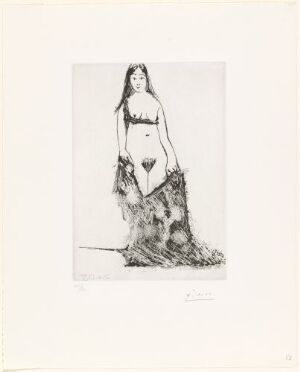 
 Fine art print by Pablo Picasso titled "Ung kvinne lar kjolen falle," showing a sketched image of a young woman standing nude from the waist up, with her long hair partly covering her face as she lets a flowing dress fall around her lower body. The delicate etching lines create a monochrome image on paper, featuring only shades of black and gray, signed and possibly numbered by the artist.