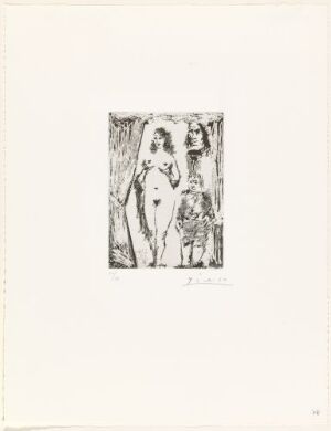  Monochromatic sugar aquatint print on paper by Pablo Picasso, featuring abstract figures in intimate pose titled "Par og liten tjener innrammet av portierer," with a rough, expressive quality and a range of black ink tones on an off-white background.