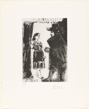 Monochromatic sugar aquatint print titled "Kjærlighet til tjenestepiken" by Pablo Picasso, featuring two abstract figures in a close, intimate exchange with broad strokes of black and gray on a white background, accentuating an emotional moment between the characters.