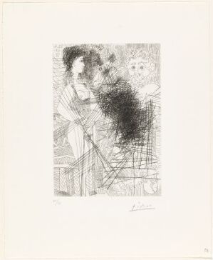  Etching and drypoint artwork on paper by Pablo Picasso titled "Ung kvinne med bluse, faun og bukkehode," depicting a young woman with a faun and goat's head, featuring monochromatic shades of black and intricate linework on a creamy white background.
