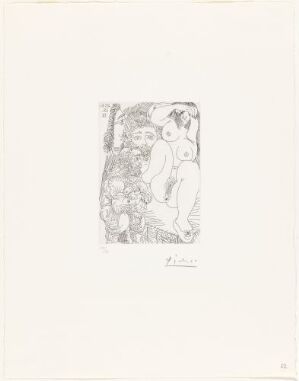  A monochromatic etching by Pablo Picasso titled "Ung kurtisane med en herre, en billedhugger og en interessert gamling," featuring fine line work on paper that depicts four figures, presumably a young courtesan, a gentleman, a sculptor, and an interested old man in an intimate yet dynamic composition, executed with the technique of line etching.