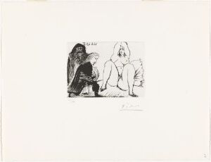  A black and white etching titled "Koblersken, hennes protesje og en ung adelsmann" by Pablo Picasso, depicting three stylized figures with the central one seated, surrounded by two others, in bold expressive lines on a plain background.