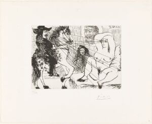  "Utveksling av blikk" by Pablo Picasso, an abstract black and white aquatint and drypoint on paper depicting intertwined human-like figures in a monochromatic palette, emphasizing the exchange of glances between the abstract forms.