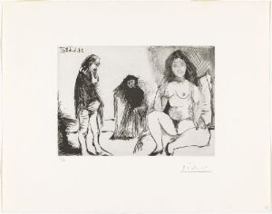  Black and white etching titled "Tankefull mann hos en ung kvinne, med koblersken" by Pablo Picasso, featuring three figures in an intimate setting, exploring human interaction with expressive lines and monochromatic shading.