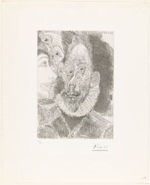  "Tårevått portrett av en av personene i Grev Orgaz´ begravelse" by Pablo Picasso - a monochromatic etching on paper depicting an intricately detailed tearful face with expressive eyes and a ruffled collar.