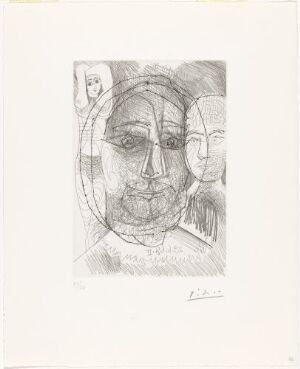  Monochromatic etching by Pablo Picasso titled "Mann, kvinne og barn. Studie til El Grecos portrett," featuring abstract, overlapping representations of a man's, a woman's, and a child's face in varying shades of gray, showcasing Picasso's distinctive style of blending and distorting traditional portraiture.