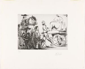  A black and white sugar aquatint on paper by Pablo Picasso, titled "Don Quijote, Sancho og en musketer betrakter Dulcinea passere i en kjerre trukket av en maskert mann," depicting characters from "Don Quixote" observing a cart with Dulcinea and a masked man driving a horse-drawn carriage, rendered in