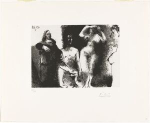  "Rembrandtsk mann sitter hos pikene" by Pablo Picasso is a monochromatic sugar aquatint print on paper depicting three stylized figures in an arrangement reminiscent of historic paintings, with deep shadows and expressive lines typical of Rembrandt's influence.