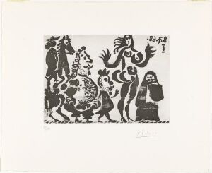  A black and white print by Pablo Picasso titled "Koblerske, maja og pussige figurer," featuring an assortment of abstract and figurative elements that suggest a scene with acrobats, maidens, and various whimsical characters, rendered in rich black ink on a white background.