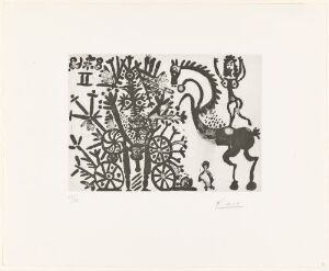  Abstract black and white print by Pablo Picasso titled "Beriderske, barn og sjonglør med baller," depicting a lively circus scene with a stylized horse and rider, whimsical children, and a juggler interspersed with abstract shapes on paper.