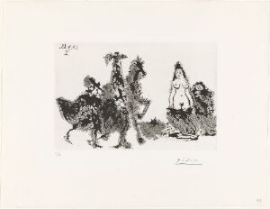  A black and white sugar aquatint print titled "Koblerske, maja og to herrer" by Pablo Picasso, featuring abstract representations of one central figure interpreted as a woman, flanked by two other figures, possibly gentlemen, in expressive lines and textures on paper.