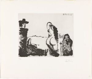  "Frokost i det grønne à la Rembrandt, med maja og koblerske" by Pablo Picasso, a monochromatic sugar aquatint print on paper featuring abstract figures. A character with a wide-brimmed hat is on the left, a central nude female figure in bold lines, and an undefined figure on the right, against an implied landscape backdrop.