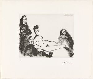  A monochromatic sugar aquatint print on paper by Pablo Picasso titled "Jacqueline som 'Naken maja', med koblersken og to musketerer," depicting a reclining nude female figure