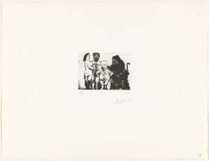  A sugar aquatint print on paper by Pablo Picasso titled "Liten gamling sjarmert av koblersken," featuring stylized, abstract figures in a social setting, rendered in shades of black and white, with a broad off-white border.