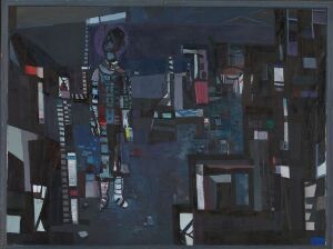  Abstract oil painting on canvas by Jakob Weidemann featuring a complex composition of geometric and irregular shapes in dark blues and blacks with accents of white, red, yellow, and green. Central to the painting is a figure-like structure composed of the lighter colors, suggesting an anthropomorphic presence amidst what could be an abstract urban nightscape.