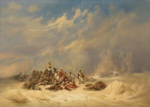  "A Caravan overtaken by a Storm in the Desert" by Niels Simonsen is an oil painting depicting a frantic group of travelers and camels in the midst of a desert storm, with tumultuous clouds in the sky and windswept sands occupying the foreground.