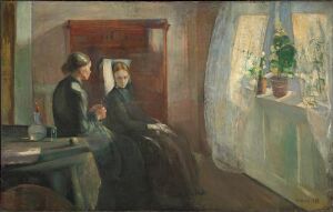  "Spring" by Edvard Munch, oil on canvas, depicting two women in a dimly lit room—one seated at a table and the other lying in bed—gazing towards a bright window adorned with blooming plants, illustrating a contrast between indoor introspection and the renewal of spring outside.