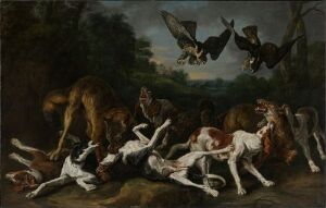  "Fight between Dogs and Wolves" by Jan Fyt, an oil painting depicting a violent struggle among several dogs and wolves in a dark forest setting. The rich earth tones and smattering of white highlight the fierce engagement and movement amongst the animals, while two birds of prey fly overhead, set against a muted backdrop of forest greenery.