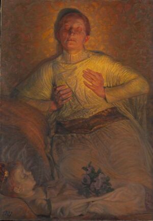  "Erik Menveds dronning Ingeborg sørger ved sitt siste barns lik" by Kristian Zahrtmann is an oil on canvas painting capturing a royal woman in a yellow blouse and green skirt, seated, looking upwards with sorrowful eyes, hands on her chest, with a bouquet of violet flowers in her lap and the obscured form of a lifeless