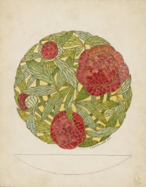 
 Watercolor and ink illustration by Gustav Gaudernack titled "Tegning til peonvase," featuring a circular design of red and pink peonies amidst green foliage, with hints of small red fruits or buds, set on a pale background, displaying an intended design for a vase.