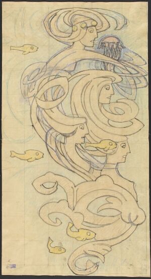  "Design draft by Anton Fredrik Klaveness titled 'Utkast til spisestuen på Lagåsen,' depicting a stylized figure in blue and gray tones with swirling embellishments and gold highlights, using watercolor, colored pencil, gouache, and pencil on a creamy paper background."