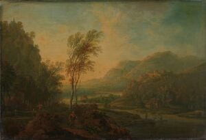  "Landskap fra Rhin-egnen" by Christian Georg Schütz (I) is an oil on wood panel painting depicting a serene landscape at dawn or dusk, with soft lighting illuminating a winding river, a stand of trees framing the left, a central slender tree, and distant hazy mountains, all rendered in a palette of blues, greens, browns, and golden hues.