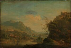  "Landscape from the Rhine" by Christian Georg Schütz is an oil painting on wood panel depicting a tranquil river scene with lush greenery in the foreground, a village in the middle, rolling hills, and a soft, gradient sky above, all in muted, harmonious colors that evoke a serene, pastoral mood.