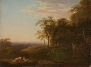  "Italiensk landskap med herme" by Johann Christian Klengel - A serene Italian landscape oil painting, showcasing a vast, soft-hued sky at sunset, rolling hills in the distance, lush greenery in the