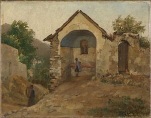  "Landsbyscene" by Mathilde Dietrichson, an oil painting on canvas showcasing an old stone archway in a village setting. The color scheme consists of earthy tones with elements of muted blues and greens. Two figures are present within this serene, rustic scene.