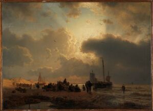  "Beach by Scheveningen" by Andreas Achenbach, a 19th-century oil on canvas depicting a dramatic seascape with a cloudy sky, glowing in spots with yellow and orange light. Dark waters of the sea are in the foreground, with a paddle steamer in the center emitting smoke, and muted figures are scattered along the shore, under a brooding atmosphere.