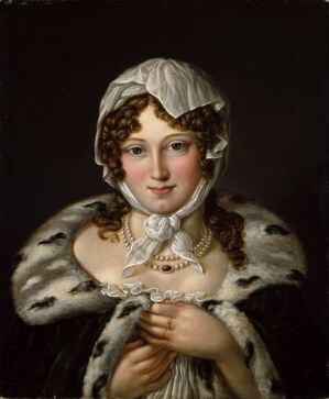  "Dameportrett, Signora Contessa di Mollinasko" by Jacob Munch, an oil on canvas portrait of a noblewoman with curly brown hair, wearing a white bonnet and a fur-trimmed cloak, gazing directly at the viewer against a dark background.