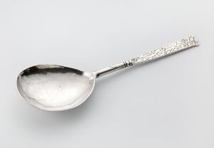  An intricately designed silver spoon with a floral patterned handle rests on a white background, showcasing its reflective surface and craftsmanship.