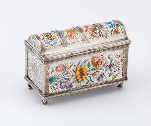  A small, elaborately decorated "Skrin" chest with engraved and enamel-painted flowers on silver over copper by an unidentified artist, demonstrating the craft of silversmithing with luxurious internal padding and velvet lining.