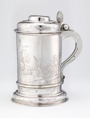  Silver drinking vessel "Drikkekanne" by Jochim Haveman, with engraved decorations, cylindrical body, slightly expanding base, flat-lidded top, and elegant handle, set against a light background.