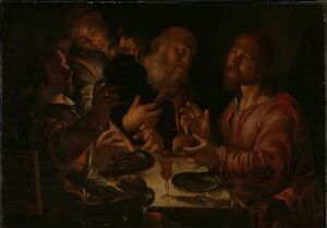  "Kristus i Emmaus" by Joachim Wtewael, an oil painting on wood panel showcasing a biblical scene with Jesus and three other figures gathered around a small table in a dimly lit room, with a focus on facial expressions and a warm, subdued color palette.