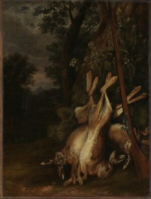  An oil painting on canvas by an unknown artist, featuring an inverted deer tied by its hind legs to a tree in a tranquil, dimly-lit woodland setting, executed in earthy tones with soft lighting and an emphasis on mood over detail.