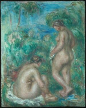  "Badende kvinner" by Auguste Renoir, a painting on canvas showing two nude women bathing in a verdant natural setting, with expressive brushstrokes in a palette of soft greens, blues, and earthy flesh tones.