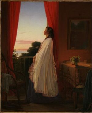  "Woman Gazing into the Summer Night" by Jørgen Walentin Sonne is a fine art oil painting on canvas, depicting a woman in a white nightgown standing by an open window, looking out at a summer evening sky. She is seen from behind, with the room cast in dusk's warm light, and hints of furniture and framed artwork surrounding her.