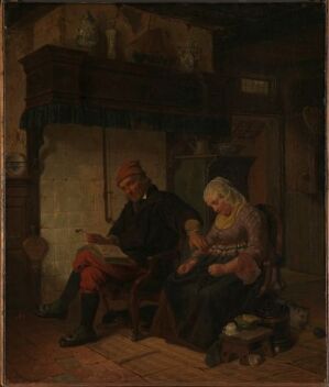  "Domestic Worship in a Sailor's Home" by Rudolf Jordan is a painting featuring a sailor in a red jacket and an older woman in a greyish-blue shawl seated in a dimly lit, rustic room with wooden furniture, engaged in a moment of prayer or reflection.