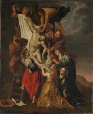  A copy after Rubens, "The Descent from the Cross," depicts a group of mournful figures lowering the body of Jesus Christ from the cross. Prominent colors include somber browns, muted greens, and a rich red, with a dark backdrop suggesting a heavy atmosphere.