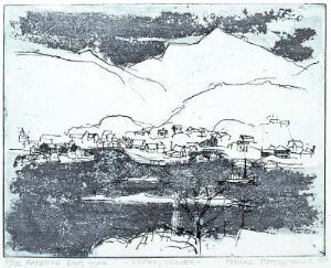  "Vinter, Svolvær" by Hanne Borchgrevink, a monochromatic fine art print featuring a stylized winter landscape with mountains, a series of simplified building shapes indicating a small settlement, and a body of water or ice in the foreground with textural elements suggesting reflection or shadow.