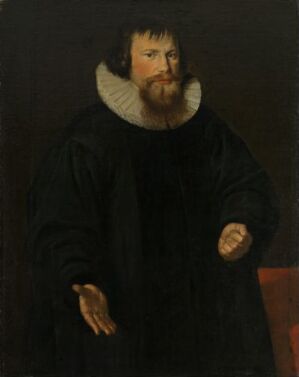  A historical oil painting on canvas titled "Presten Arboe, Viborg" by an unidentified Danish artist, depicting a solemn man in black historical attire with a white ruffled collar, standing against a dark background.