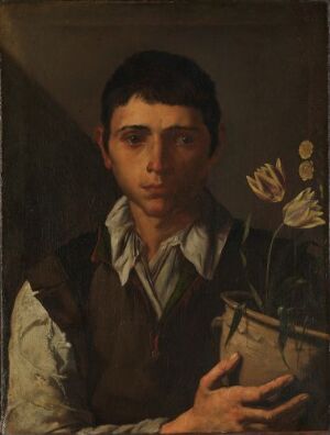  "Boy with a Pot of Flowers" by Jusepe de Ribera, an oil painting on canvas, depicts a young boy in a brown vest and white puffed shirt, holding a clay pot with delicate flowers. The light accentuates his thoughtful face and the pot, against a dark, neutral background.