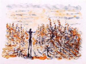  "Oretreets tilbedelse" by Frans Widerberg, a color lithograph on paper showing an expressive scene with a human silhouette in the center, surrounded by vibrant orange and red brushstrokes representing a lively orchard against a pale blue and yellow sky.