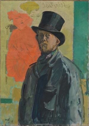  "Selfportrait" by Mogens Lorentzen, an oil on canvas depicting a solemn individual in formal attire featuring a dark coat and top hat, set against a background with sections of muted green and warm reddish-orange.