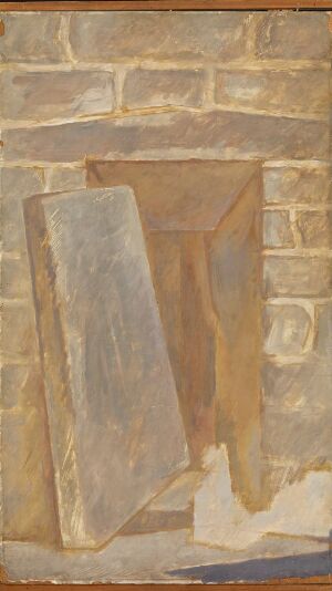 
 Abstract tempera painting on hardboard by Georg Jacobsen featuring vertical rectangular shapes in muted earthy colors against a background resembling a brick wall, with a crumpled white element at the bottom, evoking an architectural or still-life quality.