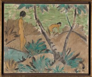  "Two Women in a Landscape" by Otto Mueller is a painting featuring two nude female figures in a tropical-like landscape with sparse vegetation. One woman stands upright looking into the distance, while the other bends forward, engaging with the ground. The scene is characterized by muted earthy tones and patches of green foliage, crafted in a style hinting at Expressionist techniques.
