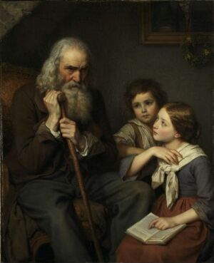  "The Orphans" by Amalie Lindegren, an oil painting on canvas depicting an elderly bearded man with a walking stick seated next to a young girl who looks at him with concern, while another child peers from behind him, set against a dark interior background.